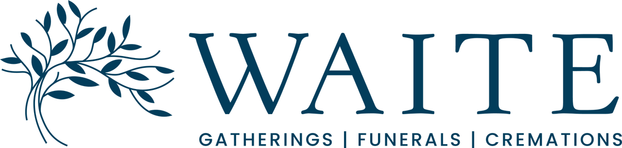 Waite logo with blue leaf swirl and tagline &ldquo;Gatherings | Funerals | Cremations&rdquo;