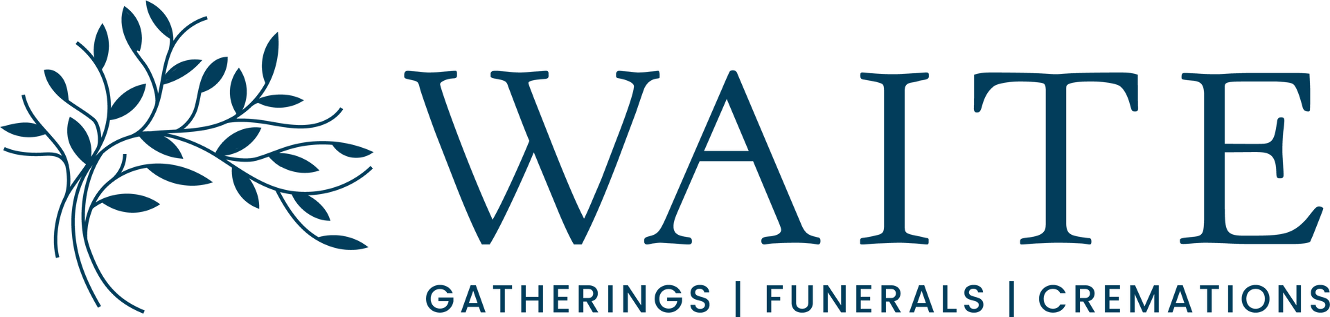 Waite logo with blue leaf swirl and tagline &ldquo;Gatherings | Funerals | Cremations&rdquo;