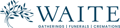 Waite logo with blue leaf swirl and tagline &ldquo;Gatherings | Funerals | Cremations&rdquo;