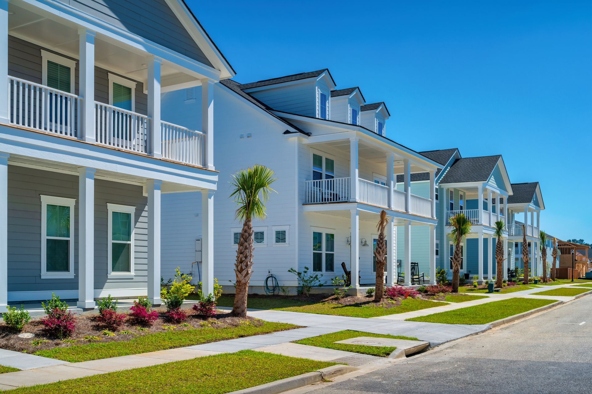 A Row of Houses with Porches and Palm Trees on A Sunny Day — Charleston, SC — Charleston Glass Co