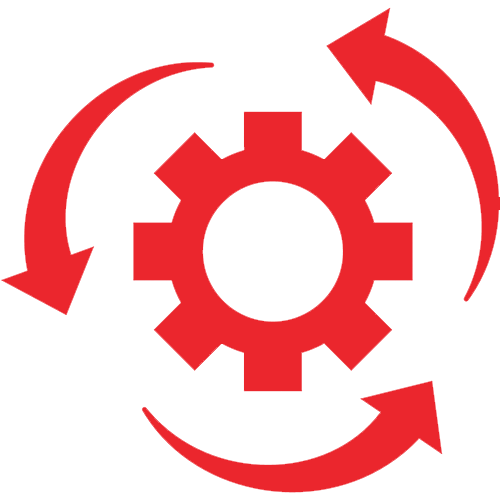 Red gear with three curved arrows, symbolizing process or workflow.