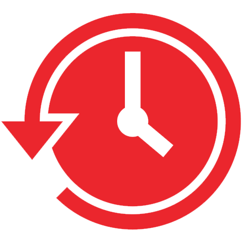 Red clock with counterclockwise arrow, indicating rewind or history.