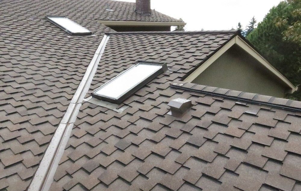Roof with two skylights and ventilation. Brown shingles, gray trim, and a chimney are visible.