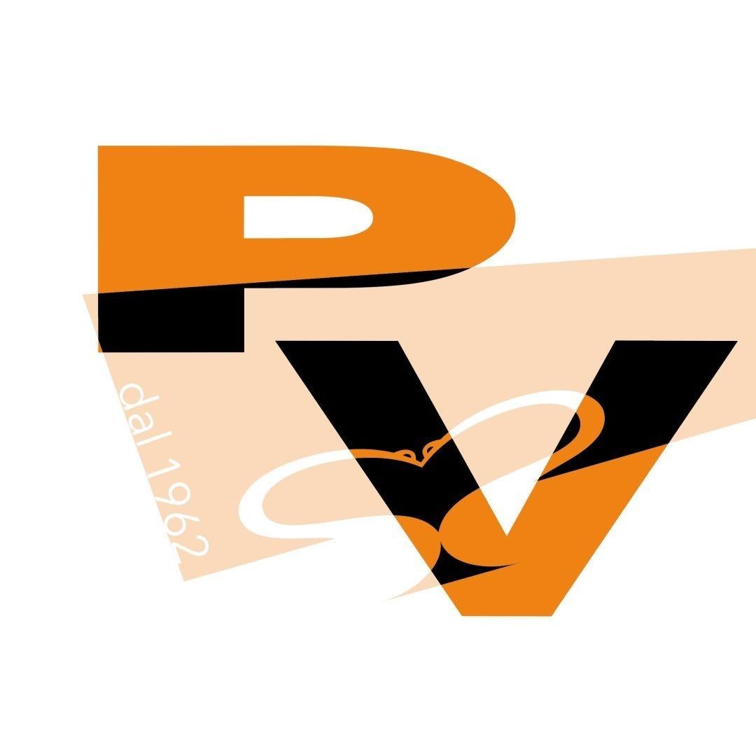 Un logo con grandi lettere arancioni e nere 