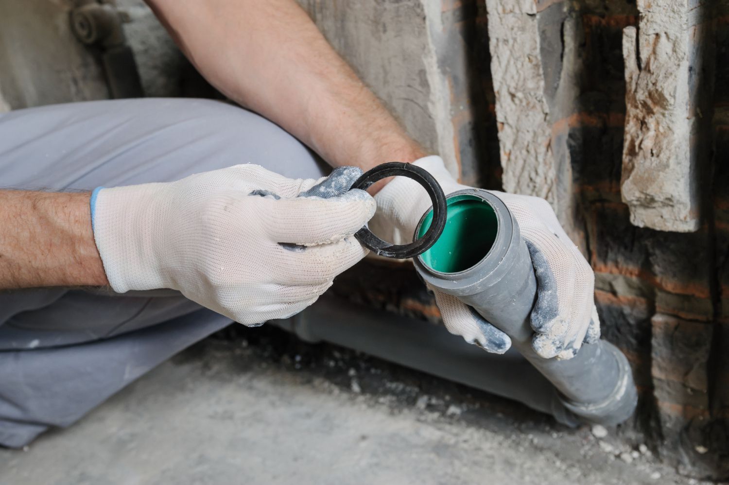Person with gloves inserting a black rubber ring into a green pipe, near a wall.