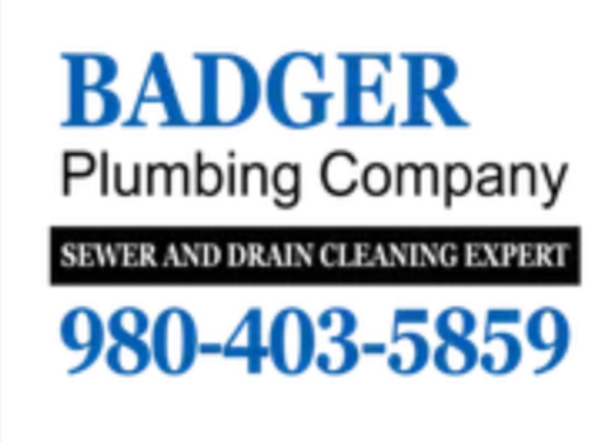 Logo for Badger Plumbing Company, blue text on a white background with contact information. Includes the words 