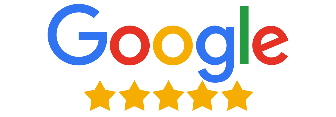 Google logo with five gold stars, signifying a five-star rating.