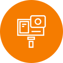 A white line-art icon of an action camera mounted on a selfie stick against a solid orange circular background.
