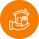 A white line-art icon of a house resting in a cupped hand, centered on an orange circular background.