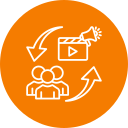 An orange circle containing a white icon of a film clapperboard with a megaphone and a group of people connected by arrows.