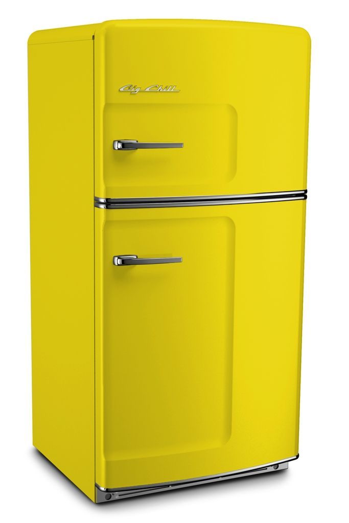 Yellow Refrigerator That is built to look like a 1950s style 

