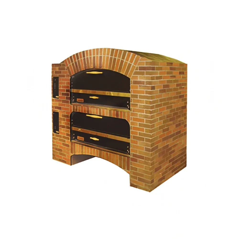 A brick oven with a black door on a white background