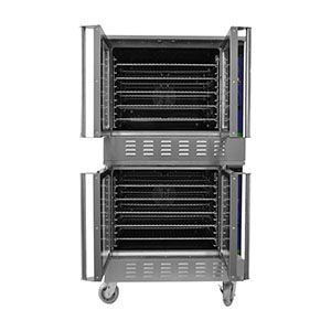 The oven is stacked on top of each other with the doors open.