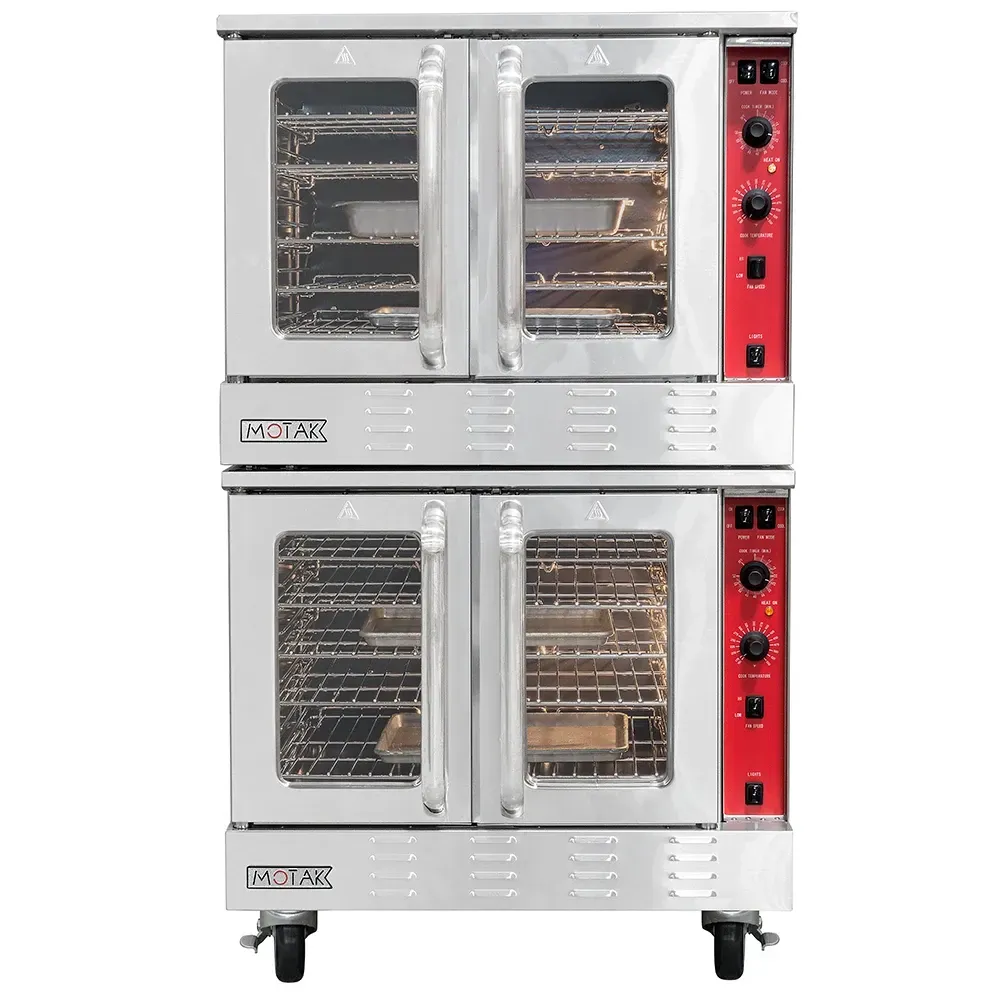 Two ovens are stacked on top of each other on a white background.