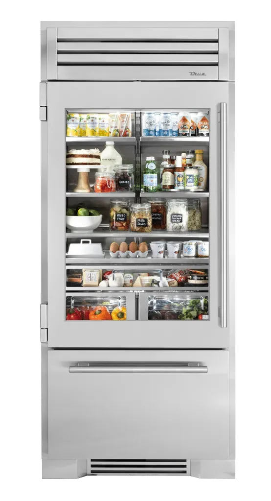 A stainless steel refrigerator with a glass door filled with food.