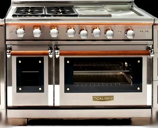 A stainless steel caliber stove with a wooden handle