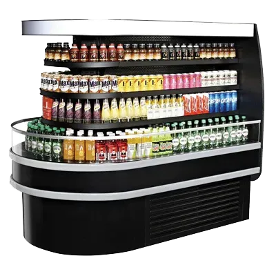 A display case filled with bottles and cans of soda.