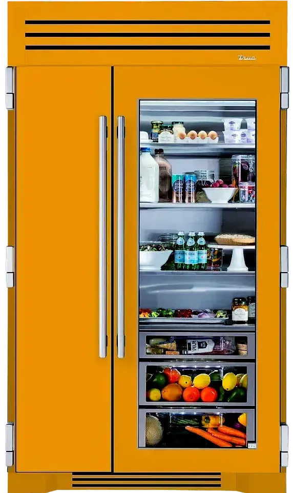 A yellow refrigerator filled with fruits and vegetables