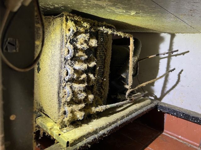 A dirty refrigerator is sitting under a ceiling in a room.