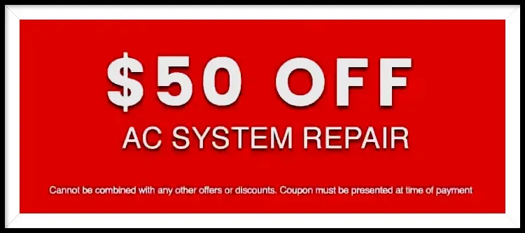 A red sign that says $ 50 off ac system repair