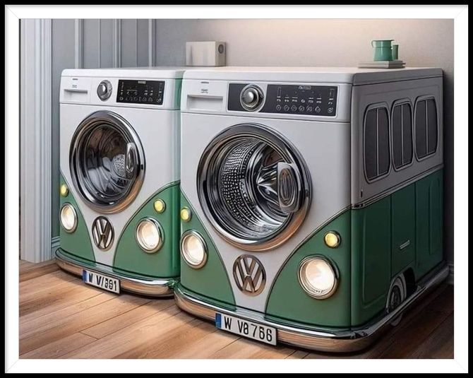 Two washing machines are sitting next to each other on a wooden floor.