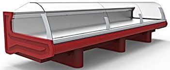 A long red refrigerator with a clear glass door on a white background.