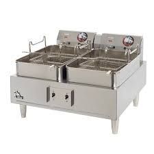 A stainless steel deep fryer with two baskets on a white background.