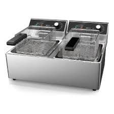 A stainless steel deep fryer with two baskets on a white background.