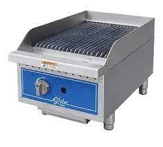 A stainless steel grill with a blue handle on a white background.