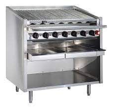 A stainless steel grill with a tray underneath it on a white background.