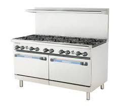 A stainless steel commercial stove with a double oven.