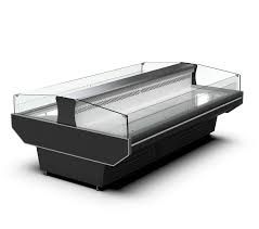 A large refrigerator display case with a glass door on a white background.