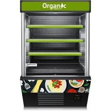 An empty organic refrigerator with green shelves and a green sign.