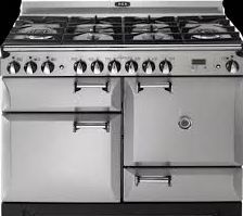 A stainless steel stove with four burners and two drawers.
