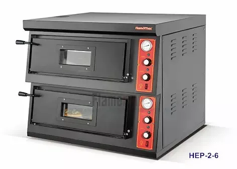 A black and red pizza oven with two ovens stacked on top of each other.