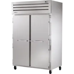 A stainless steel refrigerator with four doors and wheels