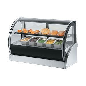 A display case filled with food and vegetables on a white background.