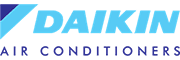 The logo for daikin air conditioners is blue and white.