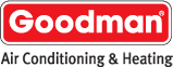 The logo for goodman air conditioning and heating is red and white.