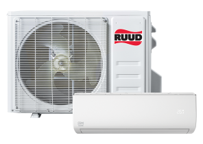 A ruud air conditioner is sitting next to another air conditioner