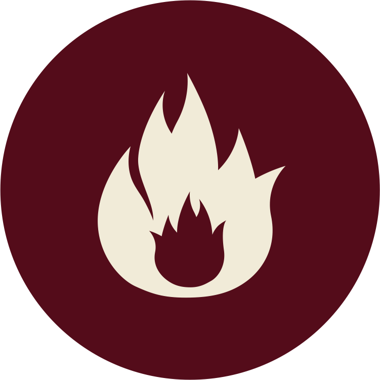 A white fire icon in a maroon circle.