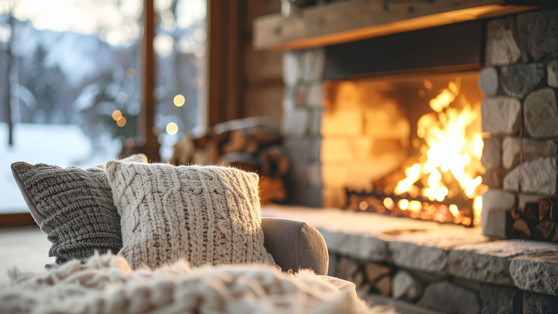 Cozy living room scene: chair with pillows and blanket in front of a lit fireplace; snowy view outside window.