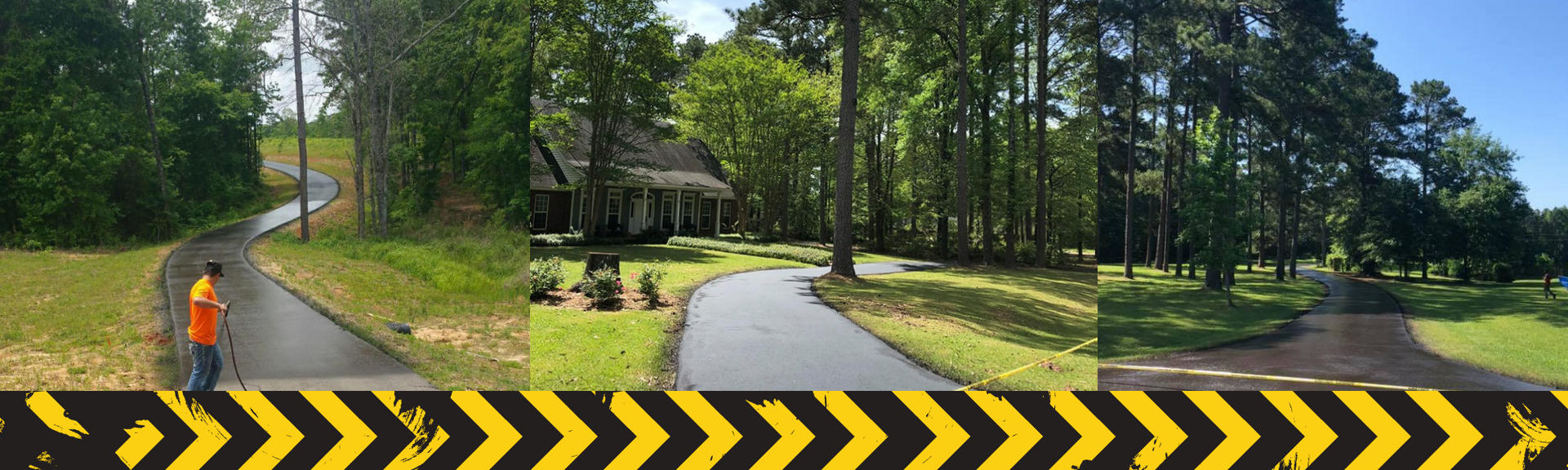 A collage showing a newly paved driveway winding through a wooded, grassy landscape with a worker present.
