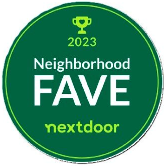 A green circular badge for the 2023 Nextdoor Neighborhood Fave award, featuring a trophy icon and white text.