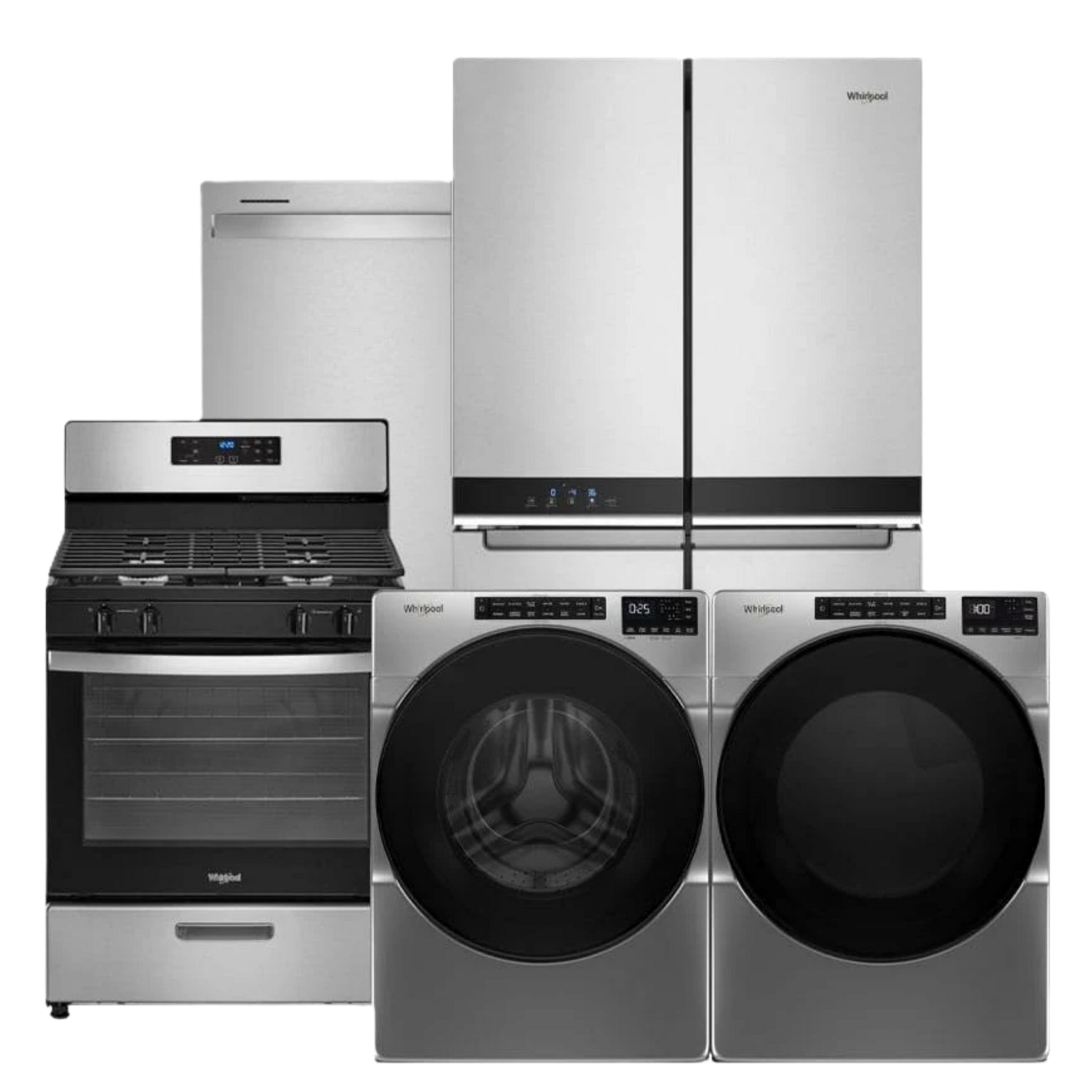 A set of five stainless steel Whirlpool kitchen and laundry appliances arranged against a white background.