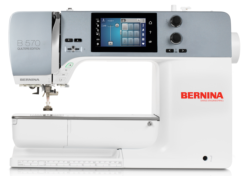 Bernina 570 Quilting Edition with a touch screen and lots of features including sewing without a foot control pedal. BSR included and built in walking feed.