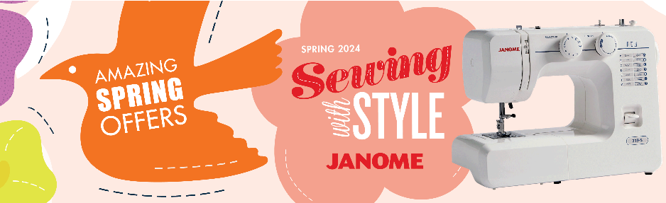 Sewing with Style from Janome text next to a Janome 219s sewing machine. Background graphic images of yellow bird and pink flower