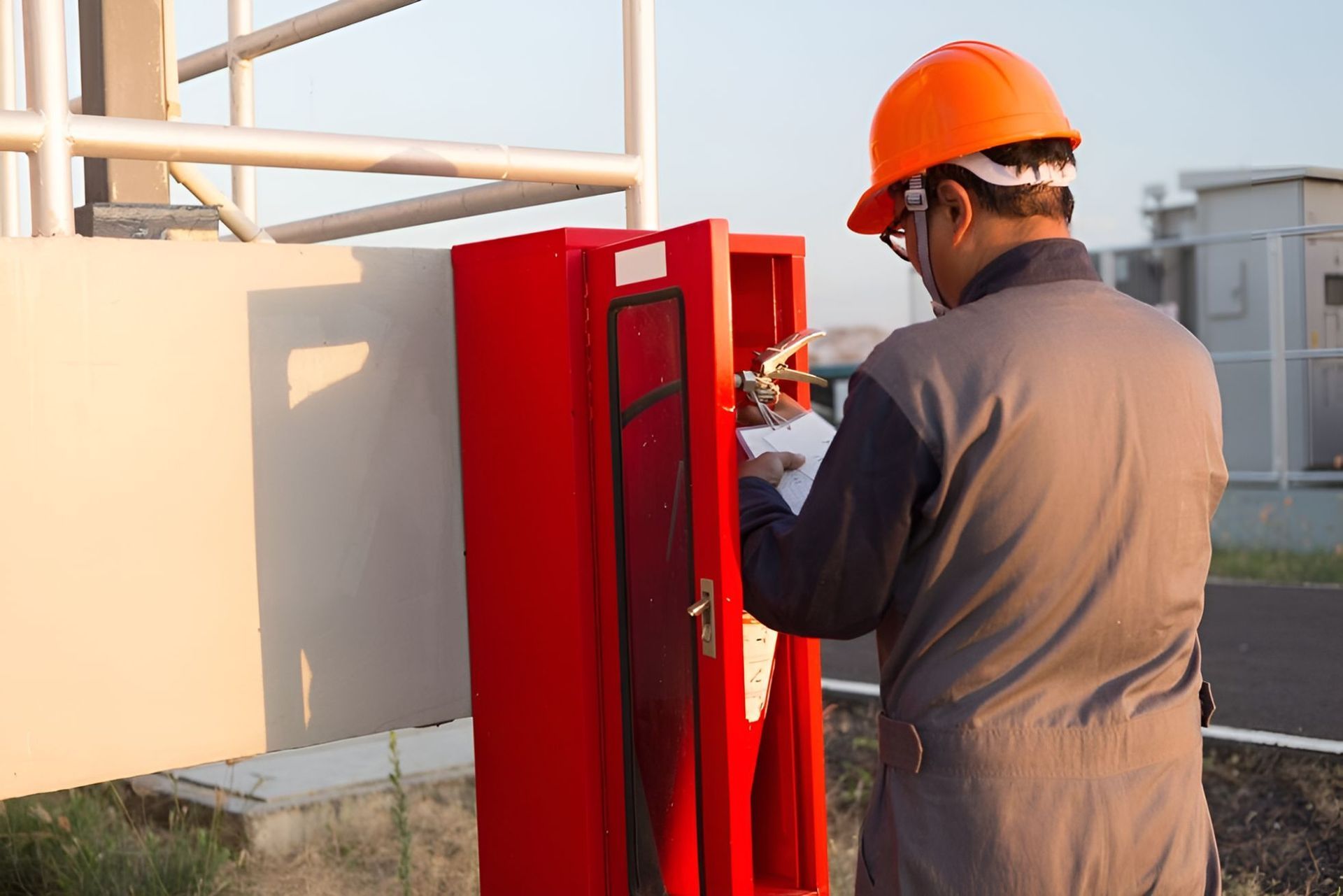 A Man In A Hard Hat Is Working On A Fire Hydrant — Belt Maintenance & Supplies Pty Ltd In Nindaroo, QLD