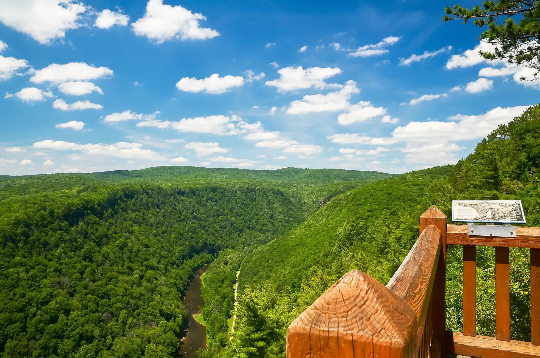 A wooden railing overlooking a river surrounded by trees and mountains.