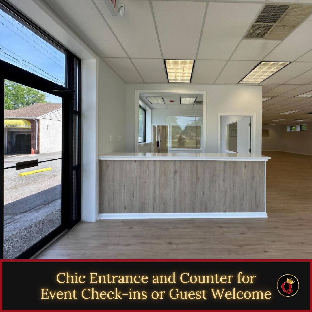 A chic entrance and counter for event check-ins or guest welcome